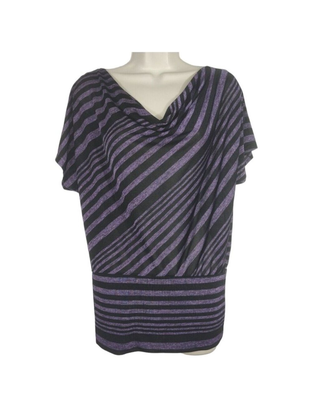Heart Soul Top Women Size L Draped Neck Black Purple Stripe Dolman Short Sleeve